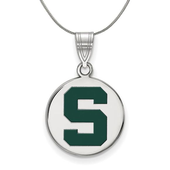 Sterling Silver Michigan State Medium Enamel 'S' Disc Necklace - 20 In